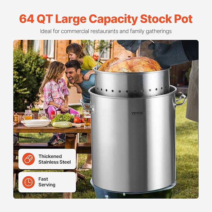 VEVOR Stainless Steel Stockpot, 64 Quart Large Cooking Pots, Cookware Sauce Pot with Basket, Lid, and Handle, Heavy Duty Commercial Grade Stock Pot, Sanding Treatment, for Large Groups Events Silver - Image 2