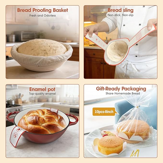 5QT Enameled Cast Iron Dutch Oven for Bread & Multi-Cooking – Complete Sourdough Starter Kit with Lid ,Probe Thermometer, Proofing Basket, Silicone Sling & Gift Packaging Bags,Oven Safe up to 500°F(Red)