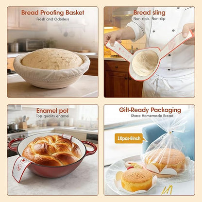 5QT Enameled Cast Iron Dutch Oven for Bread & Multi-Cooking – Complete Sourdough Starter Kit with Lid ,Probe Thermometer, Proofing Basket, Silicone Sling & Gift Packaging Bags,Oven Safe up to 500°F(Red)