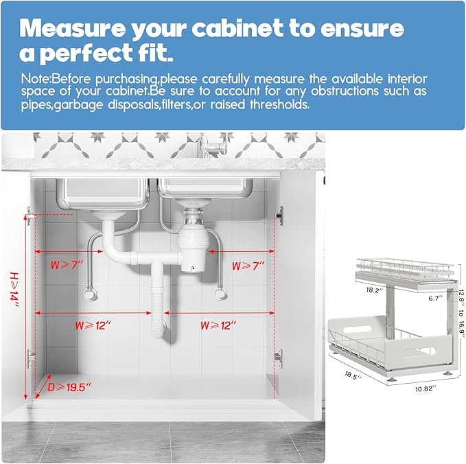 Under Sink Organizer Upgrade To Professional Rails,2-Tier Dual Pull Out Cabinet Storage,Height Adjustable Slide Out Drawers For Bathroom Kitchen,2 Pack-18.5"Dx12.8"-16.9"H,White - Image 2