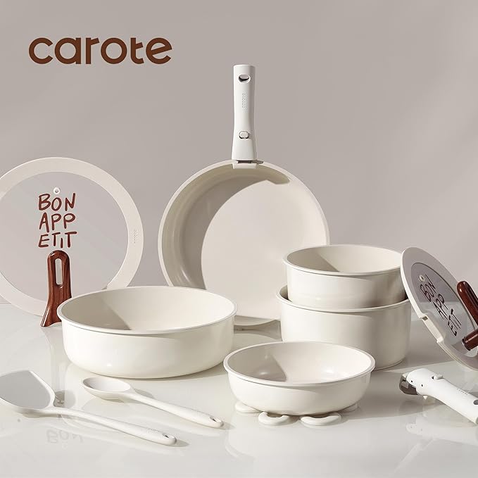 CAROTE 18Pcs Ceramic Cookware Set with Detachable Handle, Pots and Pans Set Non Stick, Non Toxic Kitchen Cooking Sets with Stand-Up Lid, PFAS and PFOA Free, Oven Safe, Induction Ready, Cream White - Image 3