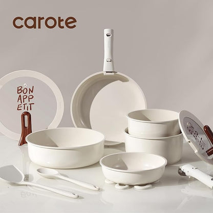 CAROTE 18Pcs Ceramic Cookware Set with Detachable Handle, Pots and Pans Set Non Stick, Non Toxic Kitchen Cooking Sets with Stand-Up Lid, PFAS and PFOA Free, Oven Safe, Induction Ready, Cream White - Image 3