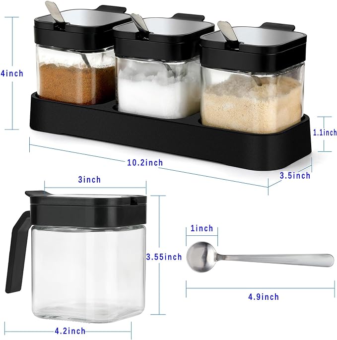 Mlici Condiment Jar Spice Container with Lids and Spoons, 8.6oz Clear Glass Condiment Canisters Pots Seasoning Box Salt Container Sugar Bowl Set of 3 for Kitchen, Containers, Black - Image 6