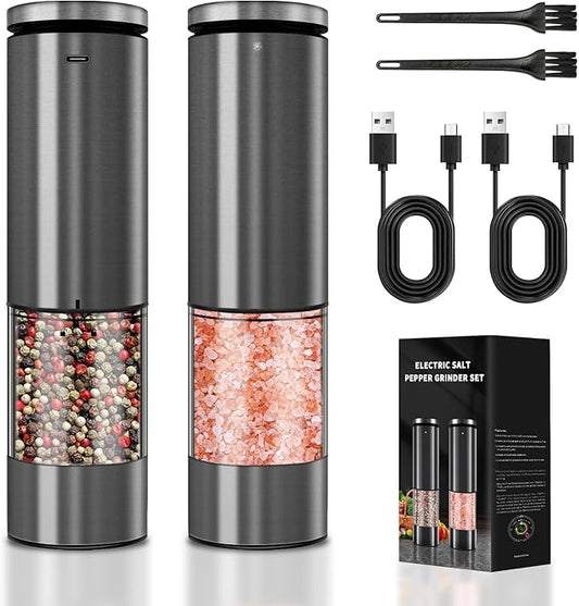 Haomacro Electric Salt and Pepper Grinder Set, Upgraded Larger Capacity Stainless Steel Automatic Salt and Pepper Mill Set Refillable with 5 Adjustable Coarseness Stainless Steel Top button Shaker
