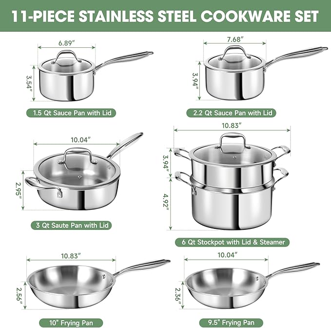 3 Ply Stainless Steel 11-Piece Cookware Set with Lids, Pots and Pans Kitchen Set, Non-Toxic, Induction, Oven, Dishwasher Safe, Professional Chef Quality - Image 2