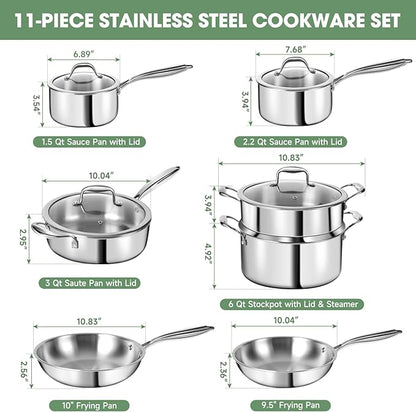 3 Ply Stainless Steel 11-Piece Cookware Set with Lids, Pots and Pans Kitchen Set, Non-Toxic, Induction, Oven, Dishwasher Safe, Professional Chef Quality - Image 2