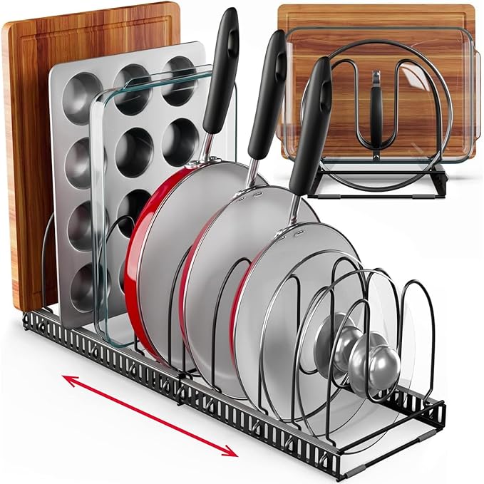 Better Things Home 7.5” Wide 12-Slot Adjustable Large Pan and Pot Lid Organizer with Scratch-Free Pads, Expandable Pot Lid Holder Rack for Cabinet, Pots and Pans Organizer Inside Cabinet by BetterThingsHome