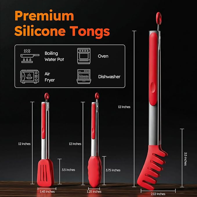 HST Tongs for Cooking with Silicone Tips(3 Pack), Non Stick Kitchen Tongs with Silicone Tip for Cooking BBQ Baking (12", Red) - Image 2
