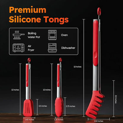 HST Tongs for Cooking with Silicone Tips(3 Pack), Non Stick Kitchen Tongs with Silicone Tip for Cooking BBQ Baking (12", Red) - Image 2