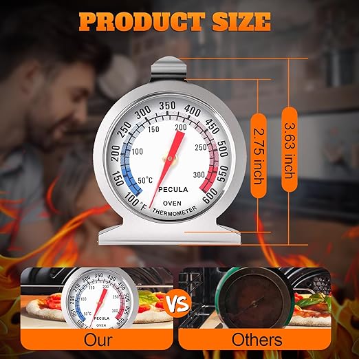 Stainless Steel Oven Thermometer 50-300°C/100-600°F, Analog Instant Read, Battery-Free Kitchen Cooking Thermometer, Hook & Stand Design Food Thermometer for Oven, Grill, Smoker, Fryer - Image 2