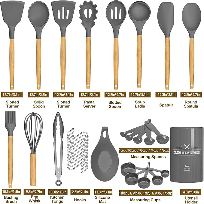 Umite Chef Kitchen Cooking Utensils Set, 33 pcs Non-stick Silicone Spatula Set with Holder, Woodle Handle Heat Resistant Gadgets Utensil (Gray) - Image 5