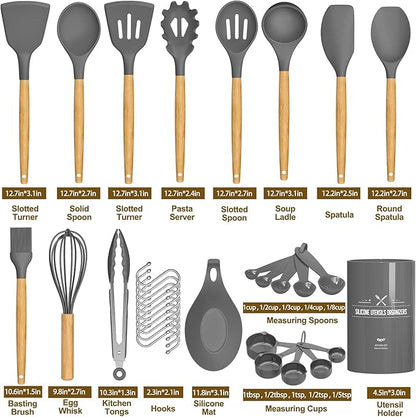 Umite Chef Kitchen Cooking Utensils Set, 33 pcs Non-stick Silicone Spatula Set with Holder, Woodle Handle Heat Resistant Gadgets Utensil (Gray) - Image 5