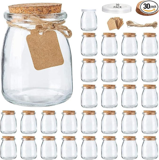 Brajttt Mini Yogurt Jars 30 Pack, 7 oz Glass Favor Jars with Cork Lids, Pudding Containers with Lids, Mason Jar Wedding Favors Honey Pot with Label Tags and String by Brajttt