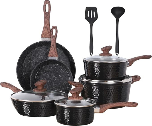 Kitchen Academy Induction Pots and Pans Set Non Stick - 12 Pcs Nonstick Kitchen Cookware Set, Black Hammered Cooking Pans Set by KITCHENACADEMYBETTERLIVINGTHROUGHCOOKINGPERFECTION