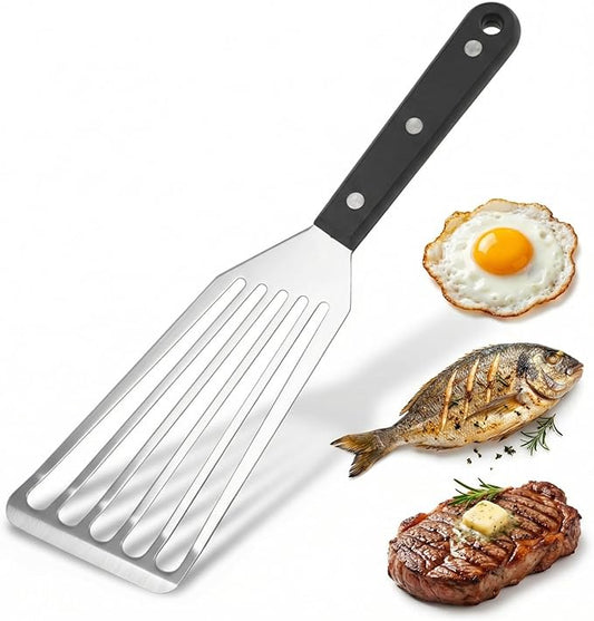 Stainless Steel Fish Spatula, 12.2" Slotted Metal Turner with Heat-Resistant PP Handle, Thin Beveled Edge, Sturdy 1.2 mm Blade for Fish, Burgers, Eggs, Pancakes, Cast Iron & Grill