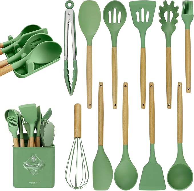 MYKUJA Silicone Cooking Utensils Set, Heat Resistant Kitchen Utensils Set, Spatula,Turner Tongs,Spoon,Brush,Whisk, Cooking Kitchen Utensils Spatula Set, Nonstick Cookware（sage green）