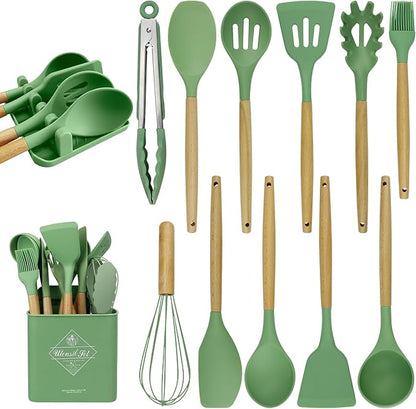 MYKUJA Silicone Cooking Utensils Set, Heat Resistant Kitchen Utensils Set, Spatula,Turner Tongs,Spoon,Brush,Whisk, Cooking Kitchen Utensils Spatula Set, Nonstick Cookware（sage green）