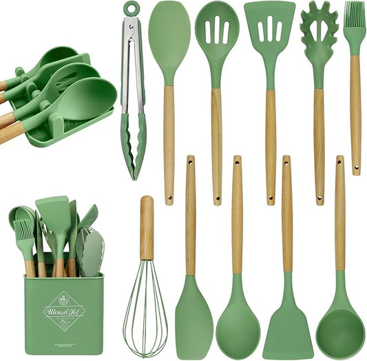 MYKUJA Silicone Cooking Utensils Set, Heat Resistant Kitchen Utensils Set, Spatula,Turner Tongs,Spoon,Brush,Whisk, Cooking Kitchen Utensils Spatula Set, Nonstick Cookware（sage green）