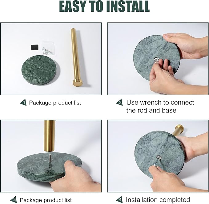 Koville Paper Towel Holder Countertop, Standing Paper Roll Holder with 6" Weighted Marble Base, Stone Paper Towel Holder with Gold Stainless Steel Rod for Kitchen Bathroom (Green)