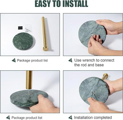 Koville Paper Towel Holder Countertop, Standing Paper Roll Holder with 6" Weighted Marble Base, Stone Paper Towel Holder with Gold Stainless Steel Rod for Kitchen Bathroom (Green)