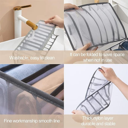 Wardrobe Clothes Organizer 7 Grids Portable Closet Organizer Mesh Separation Storage Box Foldable Closet Drawer Organizer for Underwear Socks Scarves Leggings (Grey, 3 Leggings Grid)