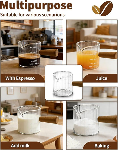 Espresso Measuring Cup 4 Oz, Espresso Glass Cups with Wood Handle, Milk Frothing Cup, Espresso Cup for Coffee, Milk, Tea or Maple Syrup Serving (Transparent, 4 oz)