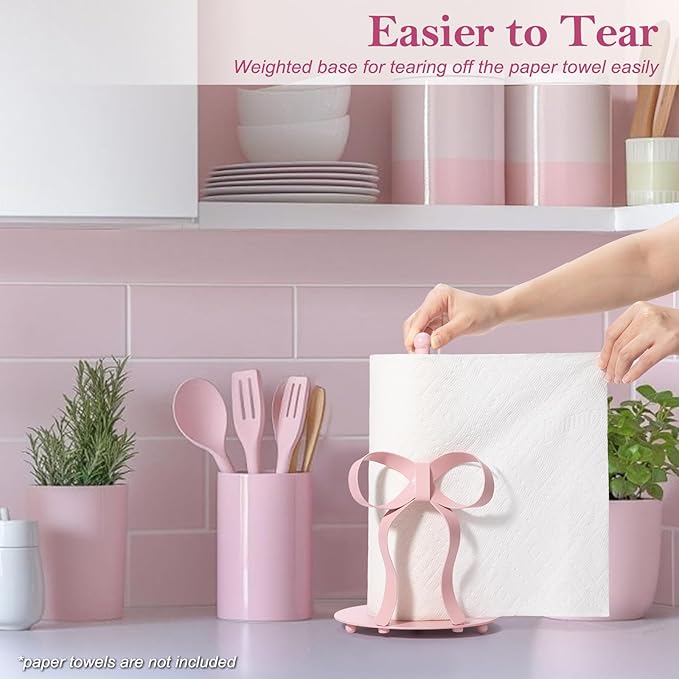 Pink Bow Paper Towel Holder Coutertop - Bow Accent Paper Towel Holder, Pink Kitchen Decor and Accessories, Coquette Room Decor Girly Gifts for Women, 3D Handmade Pattern, Weighted Base - Image 4