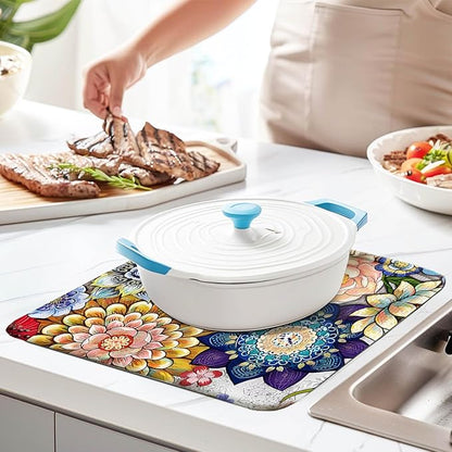 Boho Drying Mat 16" X 18" Boho Flower Kitchen Counter Stone Large Dish Drying Mats For Kitchen Counter Abstract Boho Floral Drying Mats For Home Counter Drying Mats For Dishes Table Mat Drying Mat - Image 4