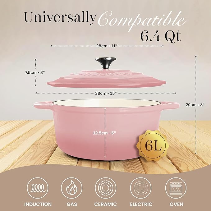 Nuovva Enamelled Cast Iron Dutch Oven Pot with Lid 6.4 Quart Non Stick Casserole Pot – Heavy Duty & Oven Safe up to 500° F for Bread Baking, Braising, Stews, Roasting – 28cm Pink - Image 2