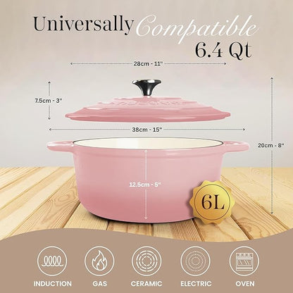 Nuovva Enamelled Cast Iron Dutch Oven Pot with Lid 6.4 Quart Non Stick Casserole Pot – Heavy Duty & Oven Safe up to 500° F for Bread Baking, Braising, Stews, Roasting – 28cm Pink - Image 2