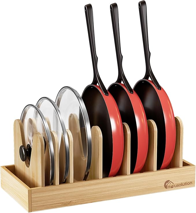 Housolution Bamboo Pot and Pan Organizer for Cabinet, Pot Lid Organizer with 7 Adjustable Dividers, Pan Holder Storage Rack with Solid Bamboo Wooden Base by Housolution
