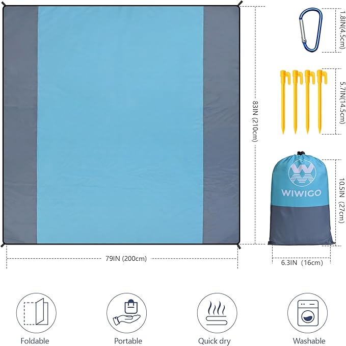 WIWIGO Beach Blanket Waterproof Sandproof Beach Mat 79" X 83"/10'x9'for 2-8 Adults Quick Drying Outdoor Picnic Mat Beach Accessories for Travel, Camping, Hiking - Image 2
