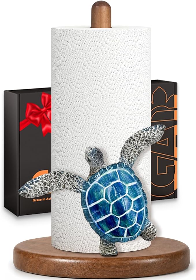 Blue Turtle Paper Towel Holder, Coastal Beach Ocean Home Decor for Kitchen Bathroom Countertop, 3D Sea Turtle Gifts for Women