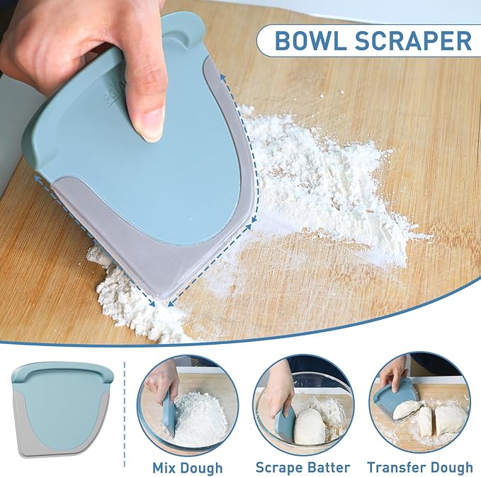 2 IN 1 Upgrade Bench Scraper, Dough Scraper for Pastry Bread Cake Pizza, Stainless Steel Dough Cutter with Conversion Chart & Measuring Scale, Bowl Scraper Food Scraper for Kitchen Baking, Blue - Image 4