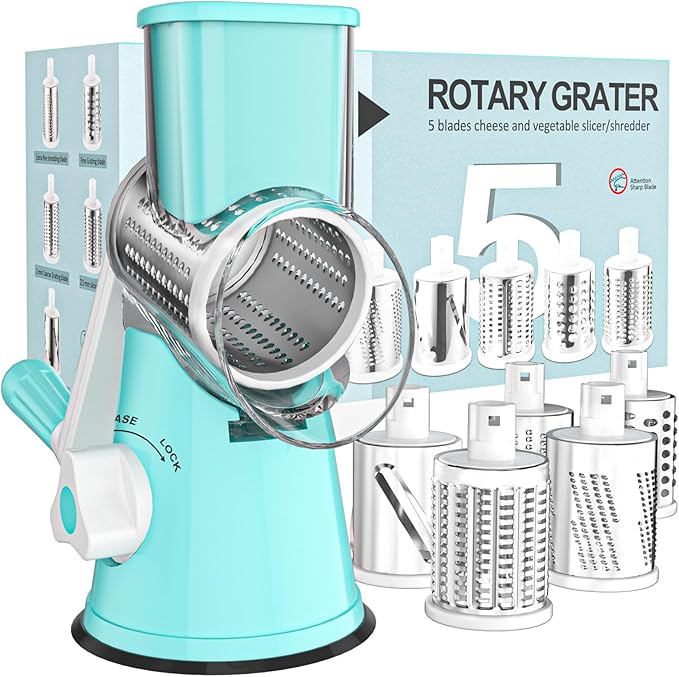 Cambom Rotary Cheese Grater Hand Crank Cheese Shredder for Fresh Cheese, Vegetable, Nuts,Non-slip Suction Base, Five Blades, Blue by Cambom