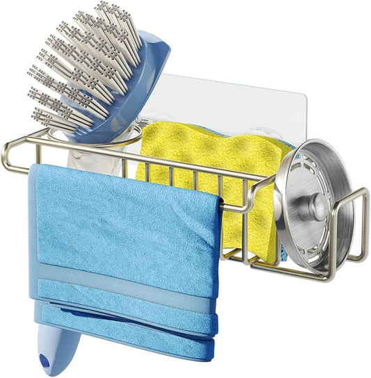 HapiRm Sink Caddy Sponge Holder - No Drill Sponge Holder for Kitchen Sink, Rustproof and Waterproof Kitchen Organizer - Brushed Nickel（8.65 * 3.54 * 2.36 in） by HapiRm