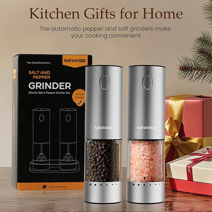 Newise Electric Salt and Pepper Grinder Set - Rechargeable Stainless Steel Salt and Pepper Shakers with LED Lights, Adjustable Coarseness, Large Capacity, Kitchen Appliances Gifts for Women
