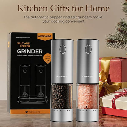 Electric Salt and Pepper Grinder Set - Acacia Wood Base, Rechargeable & Automatic Pepper Mill with LED Lights, Adjustable Coarseness, 95ml Large Capacity, Kitchen Birthday Gifts for Women