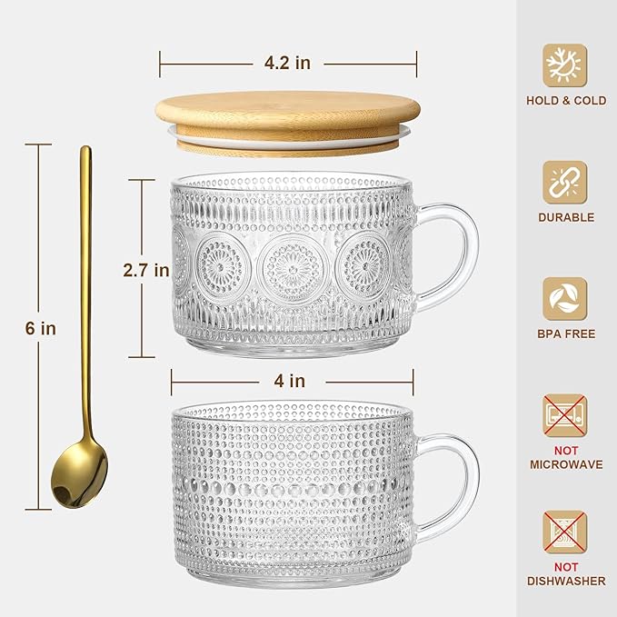 LANDNEOO 6 Pack 14oz Vintage Glass Coffee Mugs with Bamboo Lids and Spoons, Green Embossed Drinking Glasses for Iced Coffee, Tea, Latte - Image 7