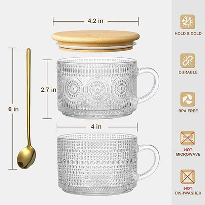 LANDNEOO 6 Pack 14oz Vintage Glass Coffee Mugs with Bamboo Lids and Spoons, Green Embossed Drinking Glasses for Iced Coffee, Tea, Latte - Image 7