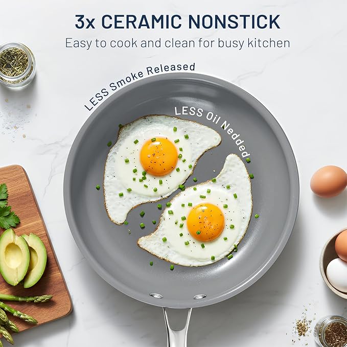 Kikcoin Non Stick Frying Pans, 3 Pack Ceramic Frying Pan for Cooking, 8+9.5+11 Inch Omelette Pans Set with Stay Cool Handle, Induction Ready, Free of PFAS PFOA PTFE, Oven/Dishwasher Safe - Image 2