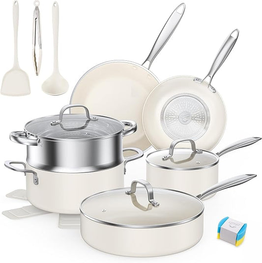 PekGema Ceramic Pots and Pans Set, 16 Pcs Cookware Set Non Toxic, Nonstick Kitchen Cookware, Oven Safe Cooking Pan Set, PFAS PTFE PFOA FREE,Compatible with All Cooktops, comfortable handle.Cream White