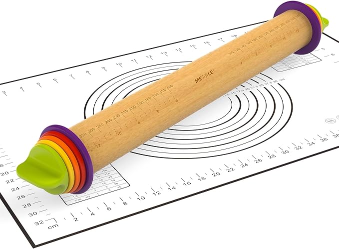 Rolling Pin with Thickness Rings and Pastry Baking Mat, 13.6" Adjustable Wooden Rolling Pin Dough Roller for Baking Cookie Pizza, Comes with Large Silicone Pastry Mat, Kitchen Baking Tools by MeppleMakeYourLifeSimple