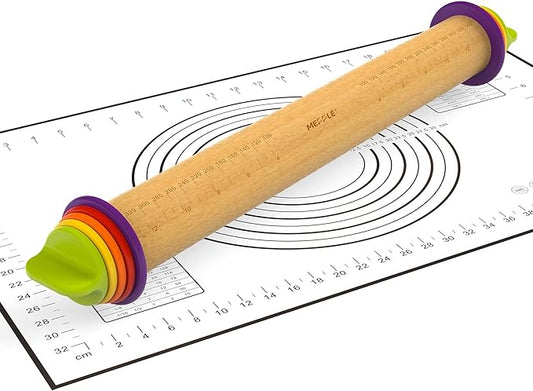 Rolling Pin with Thickness Rings and Pastry Baking Mat, 13.6" Adjustable Wooden Rolling Pin Dough Roller for Baking Cookie Pizza, Comes with Large Silicone Pastry Mat, Kitchen Baking Tools by MeppleMakeYourLifeSimple