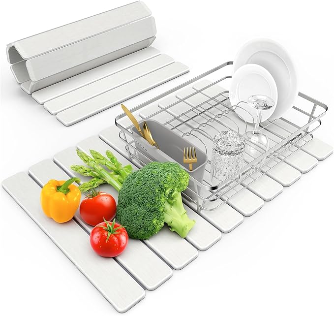 Large Stone Dish Drying Mat for Kitchen Counter, 24"(L)×16"(W), Collapsible Quick Dry Stone Dish Mats, Super Absorbent Diatomaceous Earth Drying Pad for Dishes Bottles Cups, Any Countertop (White) by Incenseburner