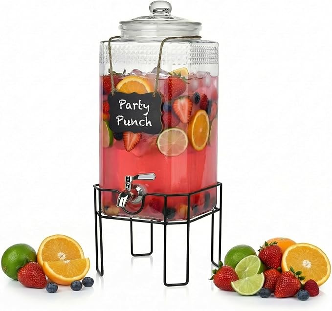 2 Gallon Glass Drink Dispenser, Drink Dispensers for Parties, Beverage Dispenser with Stand and Glass Lid, 100% Leakproof Spigot, Ideal for Lemonade, Juice, Laundry Detergent Dispenser by Edycur