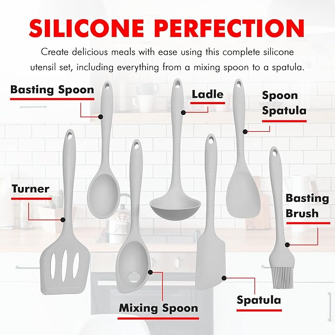 Chef Craft - Premium Silicone Kitchen Tools and Utensils Set, Non-Scratch, Withstands Temperatures up to 450°F, BPA-Free, 7 Piece Cooking Utensils Set, Gray - Image 4