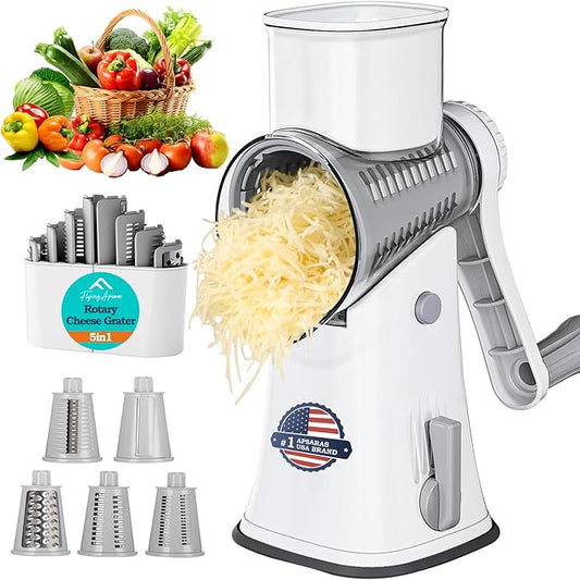 APSARAS USA Cheese Grater Hand Crank, Rotary Cheese Grater, 5 in 1 Rotary Grater, Cheese Shredder Replaceable Stainless Blades with Strong Suction Base, Easy to Clean Kitchen Gadgets with Storage Box