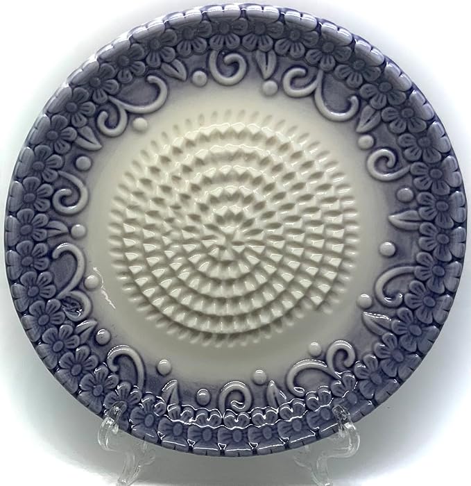 BonCera, All-in-one Premium Ceramic Garlic Grater Plate 4-Piece Set - Purple Embossed Design and Style - For Garlic, Ginger, Chocolate, and more! - Comes with 5.25" Plate, Peeler, Brush, and Stand - Image 7