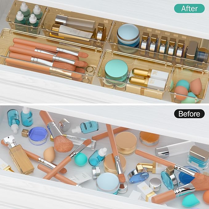 WOWBOX 6 Pack Clear Drawer Organizer Set, Acrylic Drawer Storage Trays, Storage Bins for Makeup, Cosmetics, Jewelries, Utensils, Gadgets, Office, Champagne - Image 4